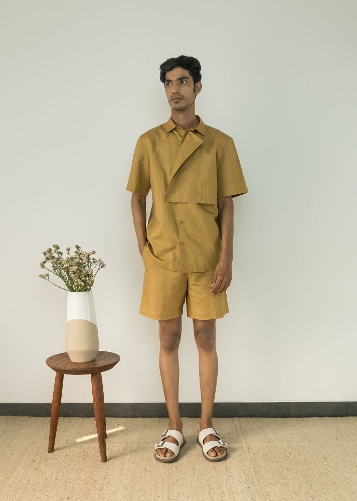 A Model Wearing Yellow Hemp Paneled Shacket, curated by Only Ethikal