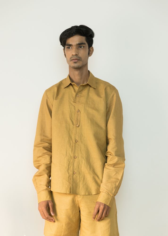 A Model Wearing Beige Hemp Asymmetric Placket Shirt, curated by Only Ethikal