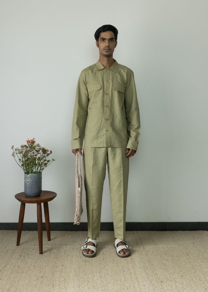 A Model Wearing Green Hemp Utility Overshirt, curated by Only Ethikal