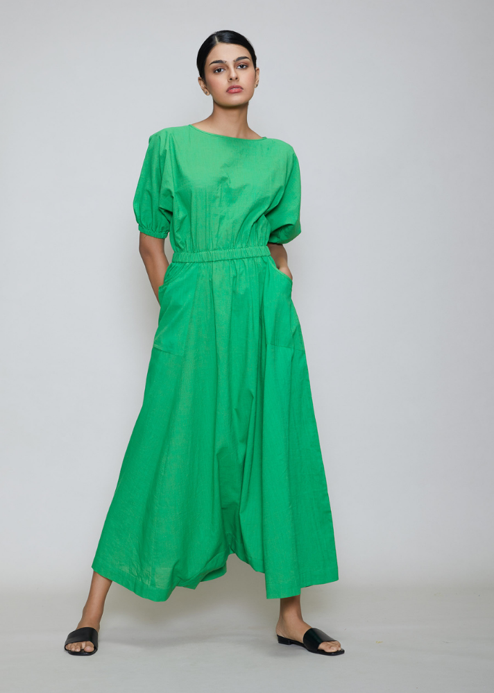 Women wearing Handwoven Cotton Jumpsuit green Sphara Jumpsuit by Mati curated by Only ethikal 