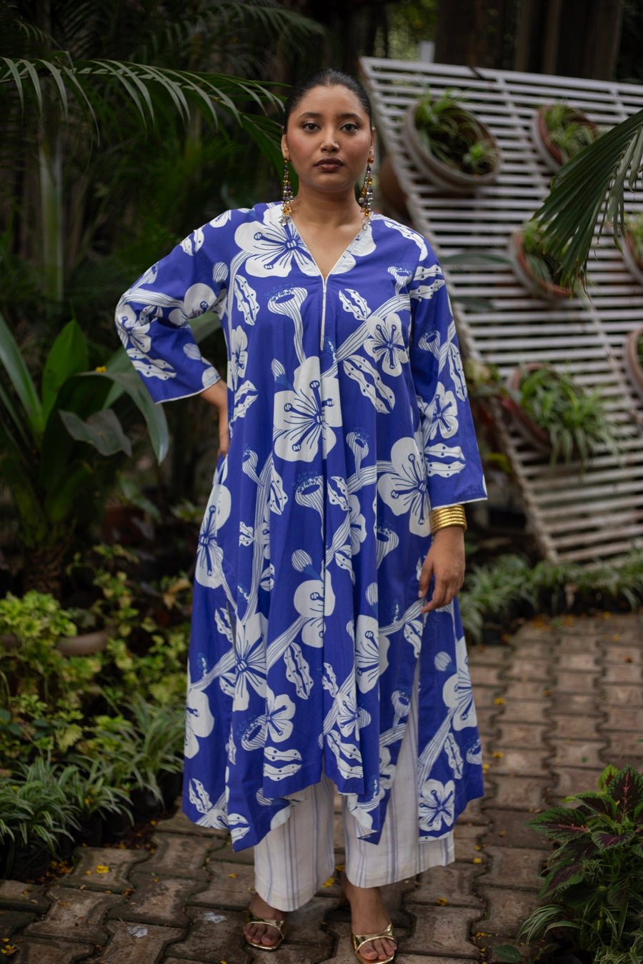 A Model Wearing Multicolor Pure Cotton Willow Kurta Set, curated by Only Ethikal