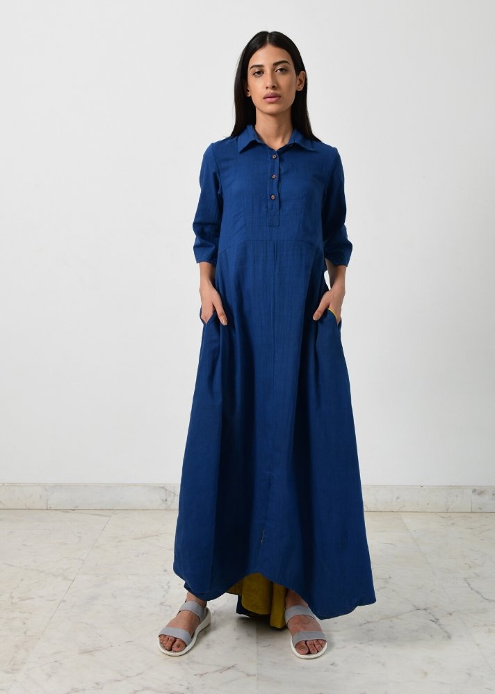 The Khadi blue collar cowl dress is a beautiful and unique handloom that is handmade by artisans in India and curated by Only Ethikal.