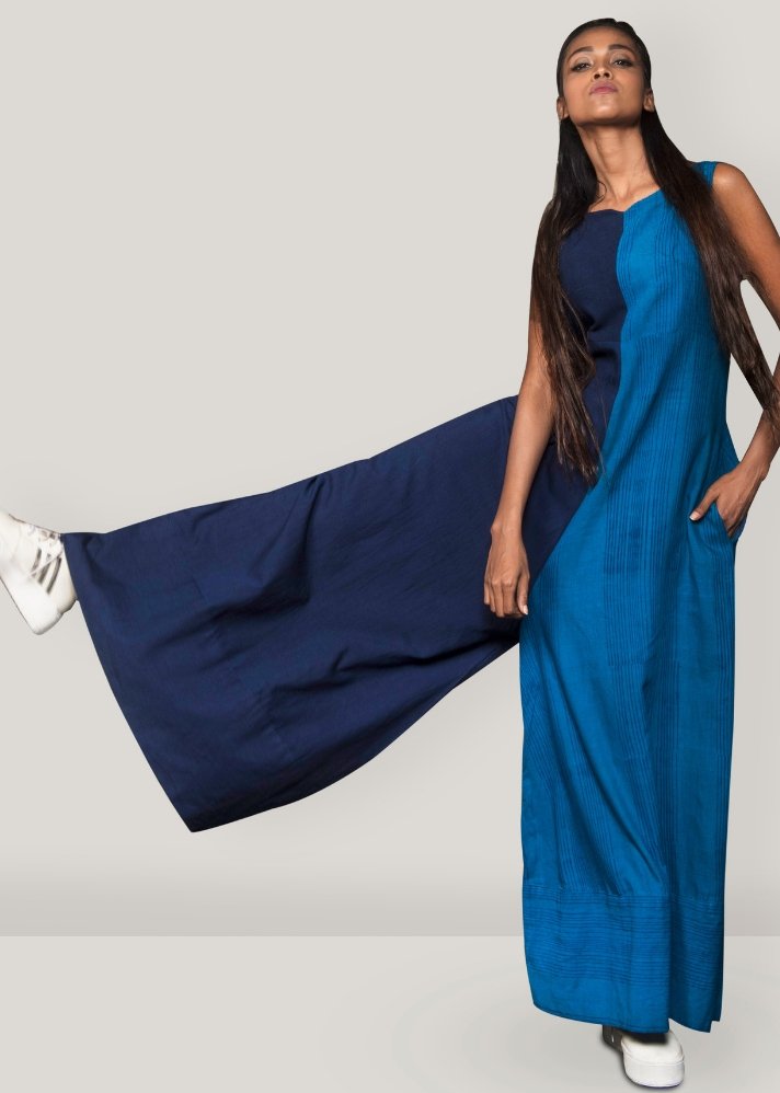 young woman wearing stylish Blue Flare Jumpsuit curated by onlyethikal