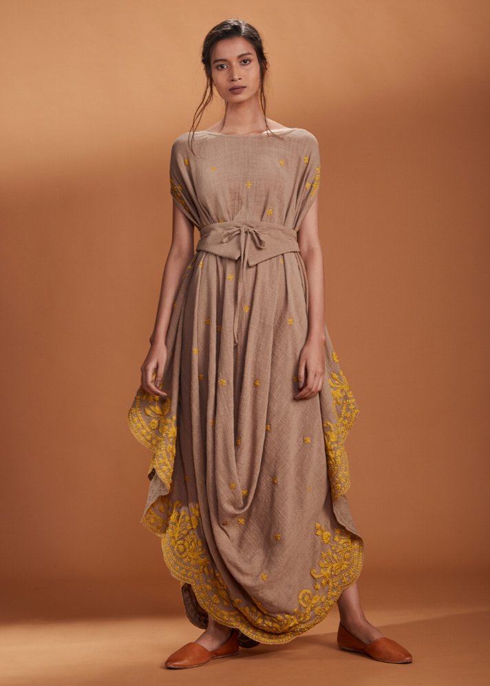 Embroidered Cowl dress Kaftan style - Brown - onlyethikal