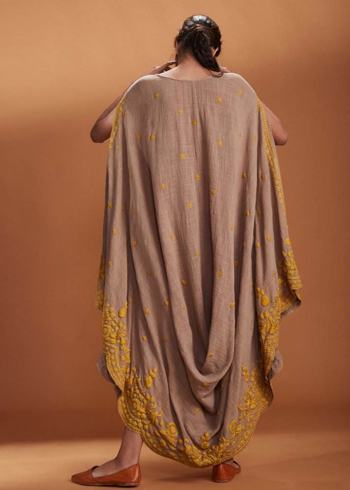 Embroidered Cowl dress Kaftan style - Brown - onlyethikal