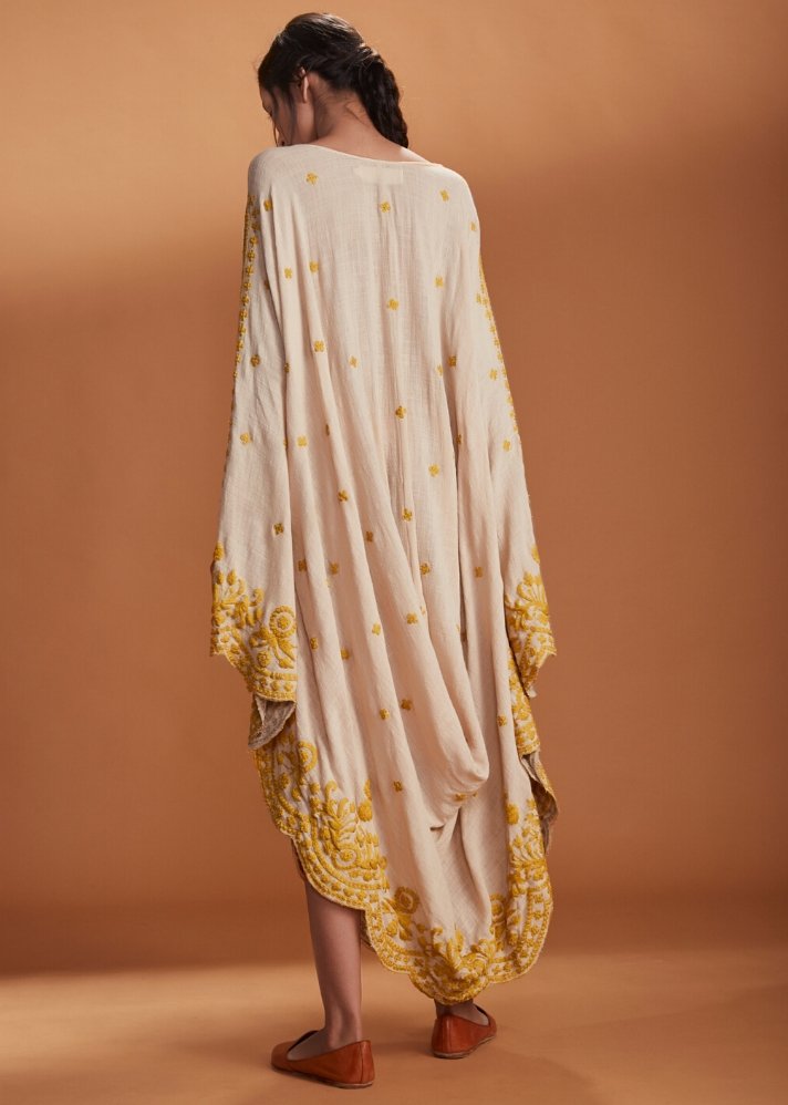 Embroidered Cowl dress Kaftan style - Ivory - onlyethikal