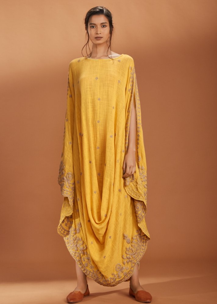 Embroidered Cowl dress Kaftan style - Yellow - onlyethikal