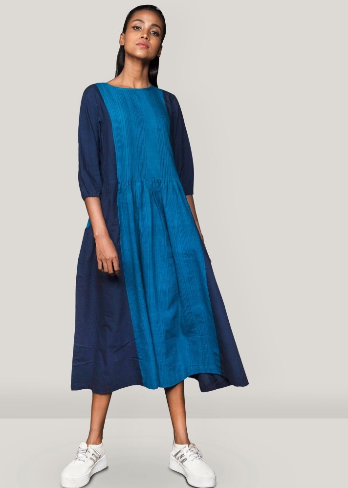 young woman in stylish blue Front pleated dress curated by onlyethikal