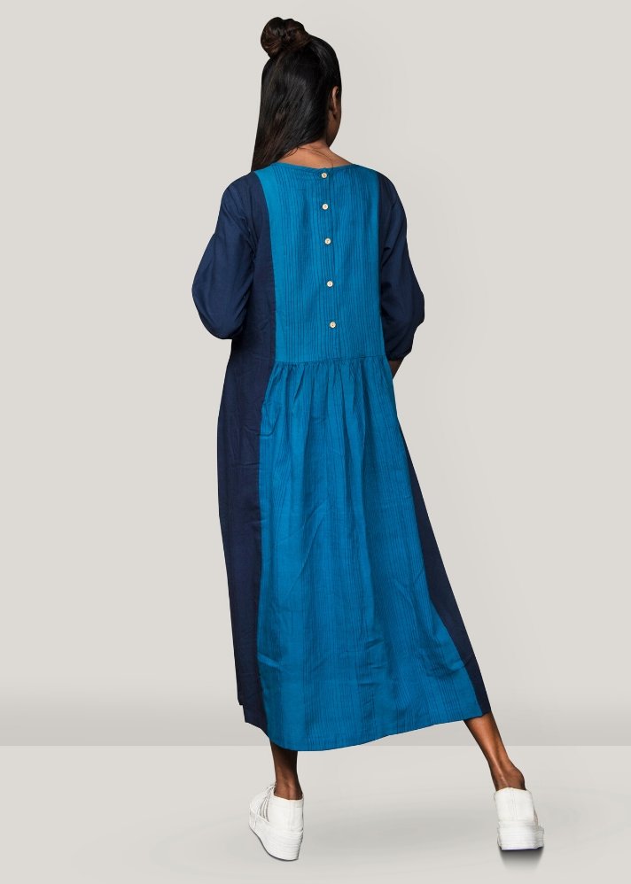 young woman in stylish blue Front pleated dress curated by onlyethikal
