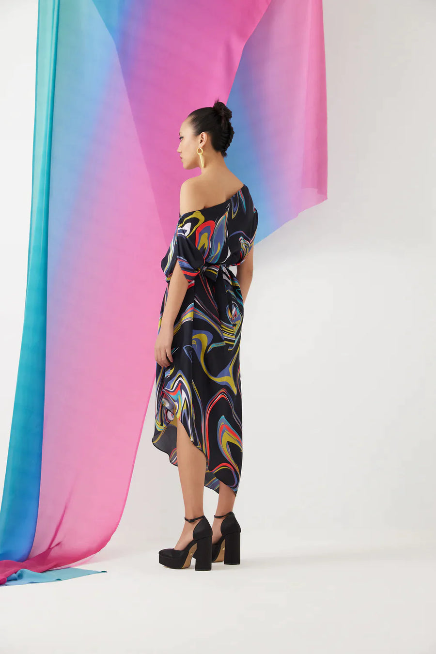 A Model Wearing Multicolor Organic Cupro Galaxy Draped Dress, curated by Only Ethikal
