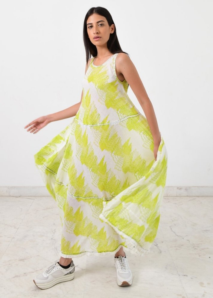 Stay cool in this eco-friendly khadi geo green maxi dress made with hand block printing and sustainable materials curated by only ethkal.