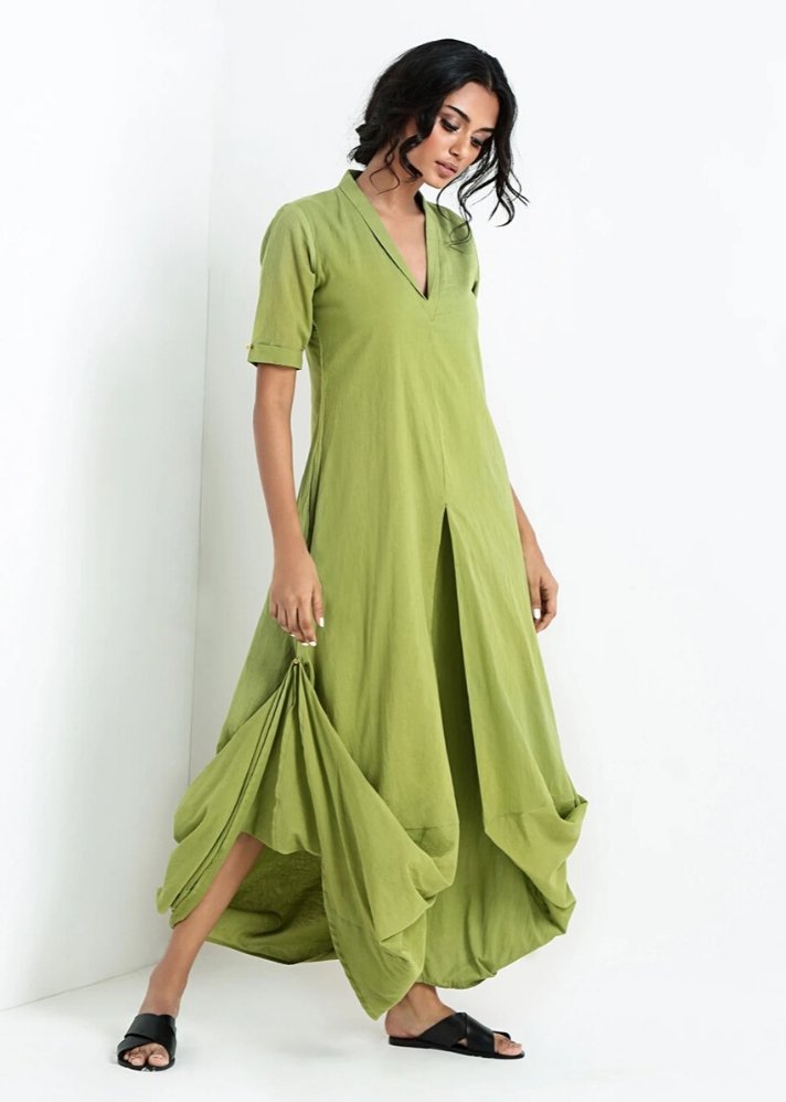 young woman wearing Green cowl and drape dress made of sustainable materials curated by onlyethikal