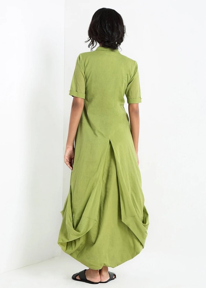 young woman wearing Green cowl and drape dress made of sustainable materials curated by onlyethikal