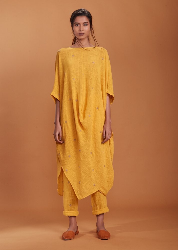 Handloom Cowl Tunic Set - Yellow - onlyethikal
