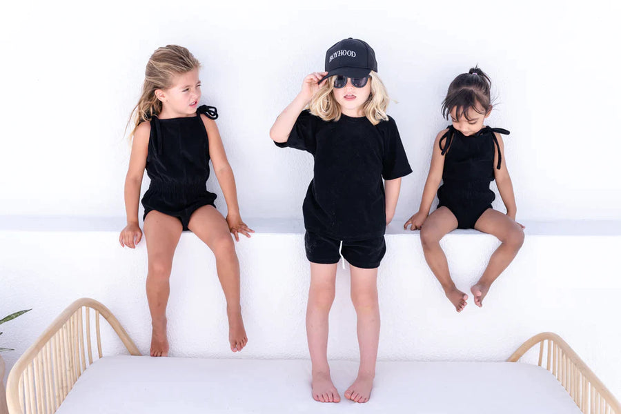 A Model Wearing Black Organic Cotton Siblings matching set-Terry towelling(black), curated by Only Ethikal
