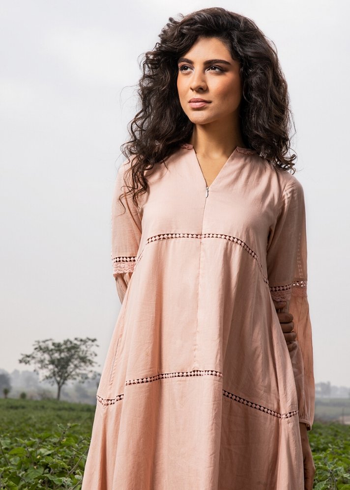 This Kharakapas Handcrafted Rose Mulmul maxi dress is made of ethical and sustainable soft mul cotton and curated by only ethikal.