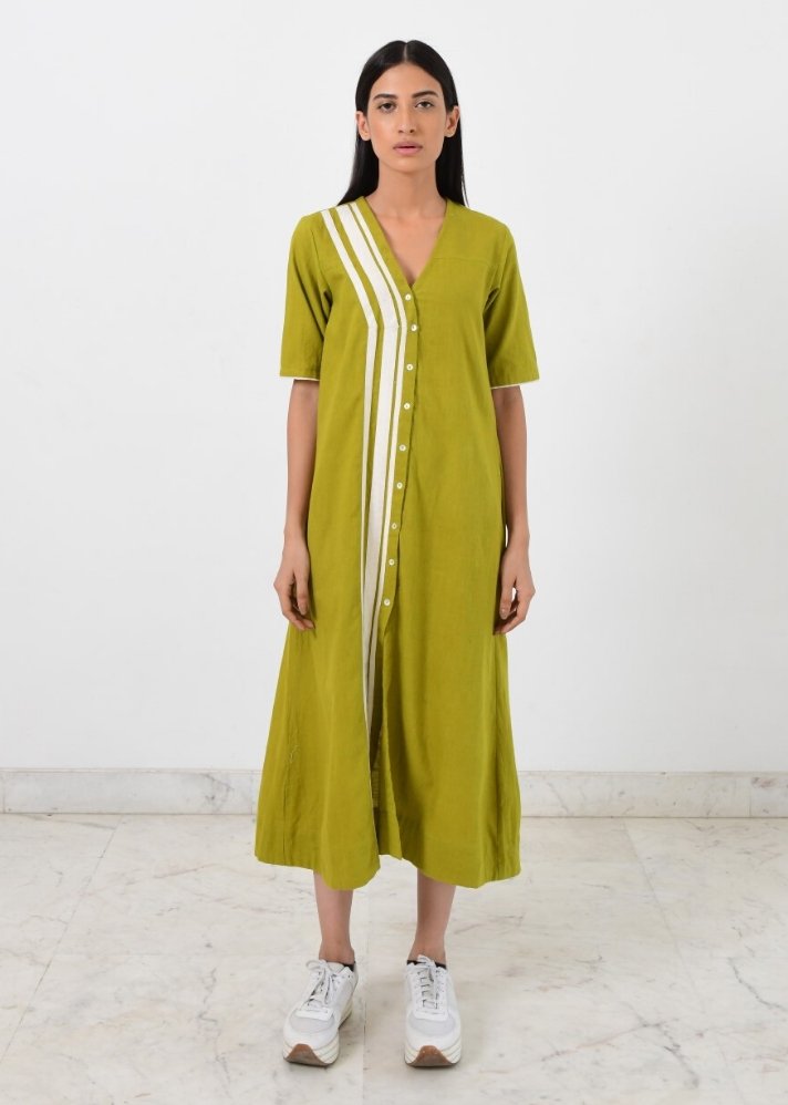 The khadi v neck fire strap dress is a stylish and versatile option for ethical and sustainable clothing curated by only ethikal.