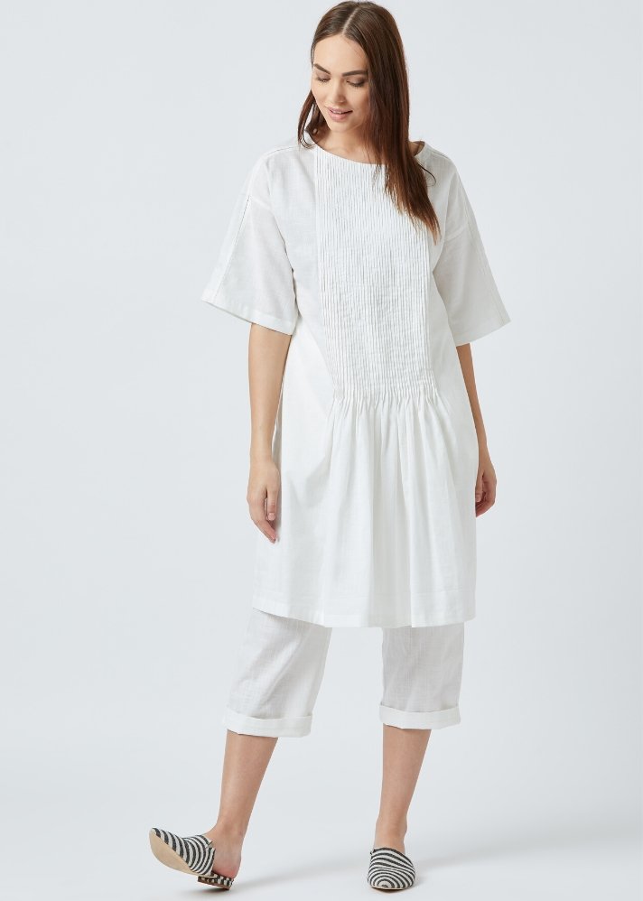 Women wearing pure Cotton White tunic dress by Doodlage curated by Only ethikal 