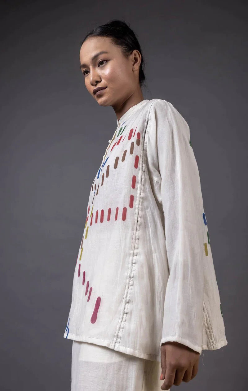 A Model Wearing White Handwoven Cotton Woodlands, curated by Only Ethikal