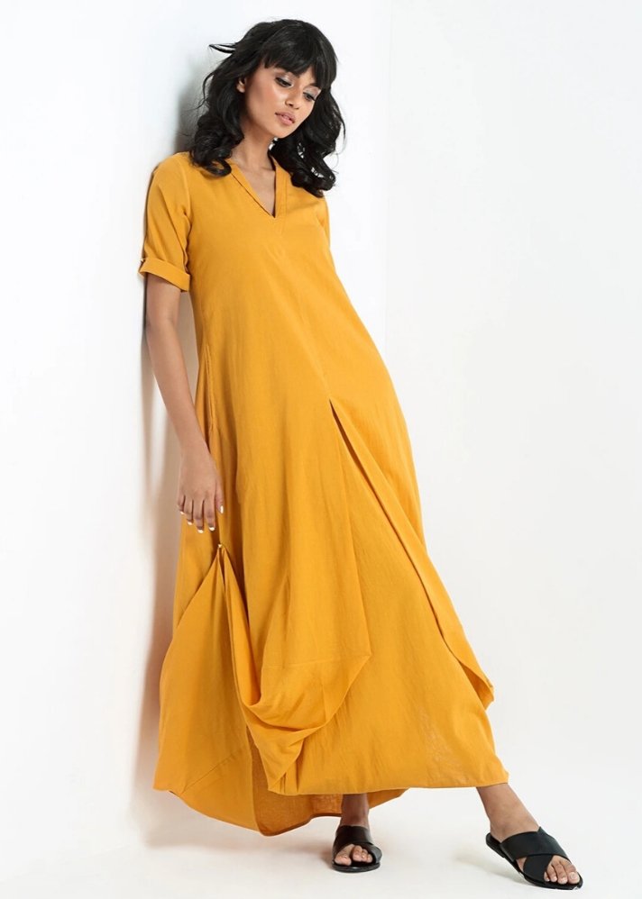 young woman in stylish Yellow cowl and drape dress curated by  onlyethikal